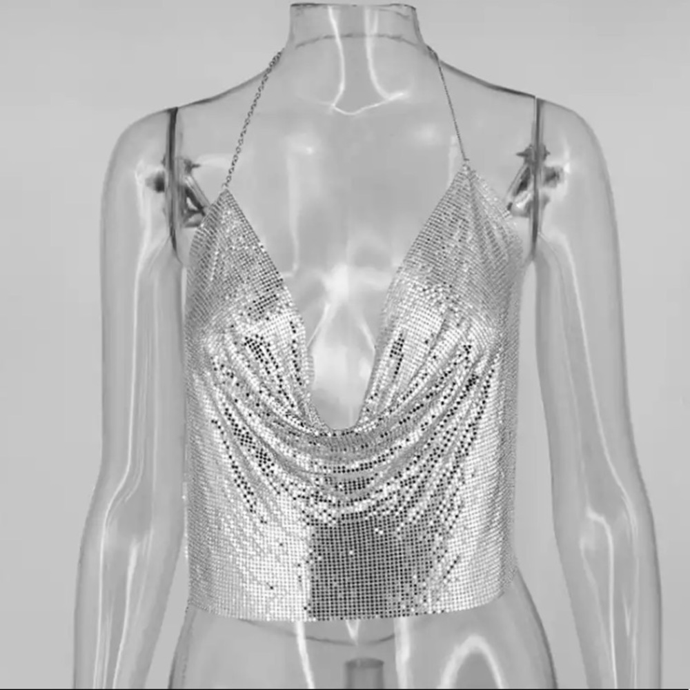 NEW! Silver Metal Mesh Halter Top - Picture 3 of 8